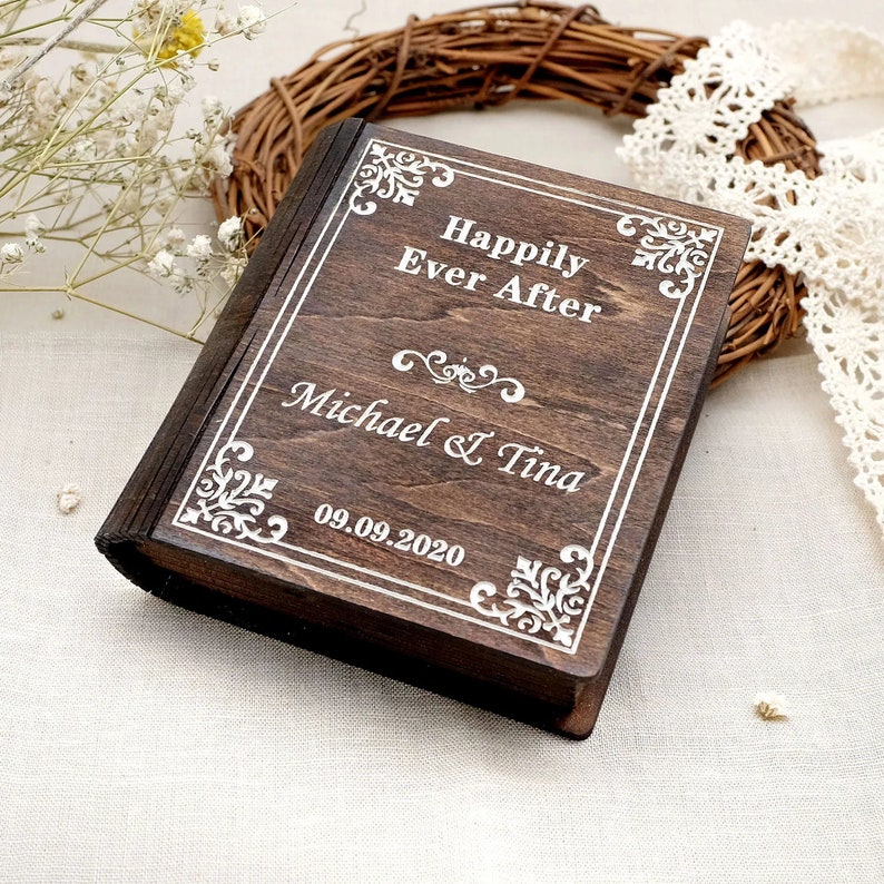 Personalised Wedding Ring Box Book Ring Box Holder, Wedding ring box set, Proposal Ring holder-Made From Wood Brown & White. image 6