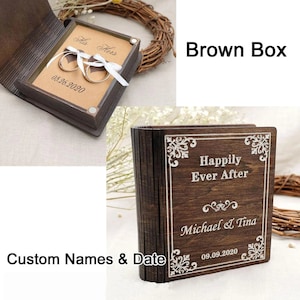 Personalised Wedding Ring Box Book Ring Box Holder, Wedding ring box set, Proposal Ring holder-Made From Wood Brown & White. image 2