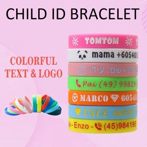 Bracelet personnalisé d'identification d'enfant avec gravures personnalisées en silicone et bandes de sécurité | Bracelet avec numéro de téléphone, SOS, anti-perte, carte d'identité pour enfants ayant des besoins spéciaux