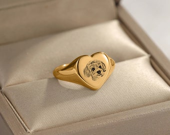 Custom Pet Photo Ring, Photo Dog Ring, Cat Ring, Heart Ring, Personalized Pet Portrait Rings Available in Gold, Rose Gold & Silver