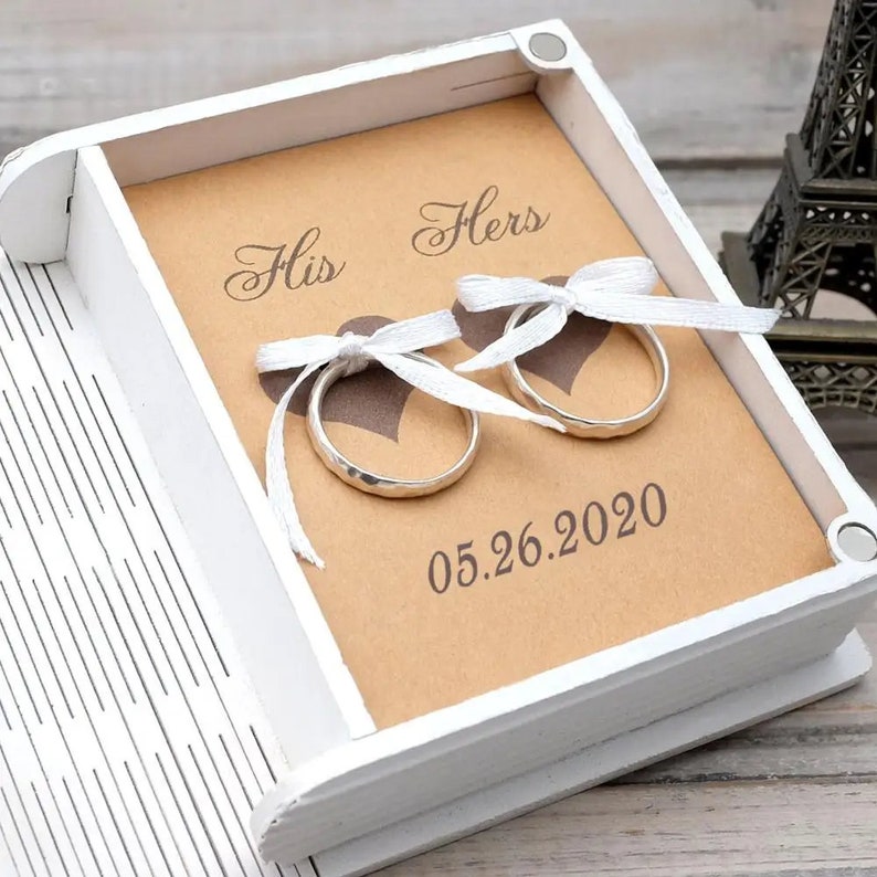 Personalised Wedding Ring Box Book Ring Box Holder, Wedding ring box set, Proposal Ring holder-Made From Wood Brown & White. image 3
