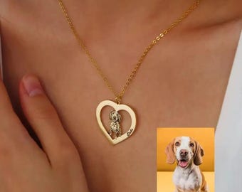 Custom Pet Portrait Necklace, Pendant, Heart shape, Silver & Gold Color
