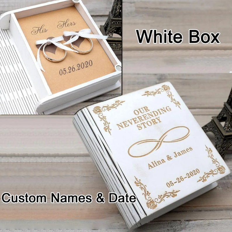 Personalised Wedding Ring Box Book Ring Box Holder, Wedding ring box set, Proposal Ring holder-Made From Wood Brown & White. image 1