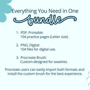 Daisy Swashes Handwriting Practice Workbook bundle features 104 practice pages in PDF and PNG formats, plus a custom Procreate brush. Ideal for printable and digital cursive lettering practice, combining ease and versatility.