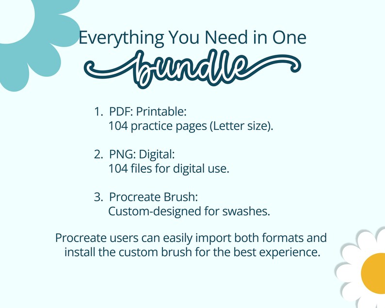 Daisy Swashes Handwriting Practice Workbook bundle features 104 practice pages in PDF and PNG formats, plus a custom Procreate brush. Ideal for printable and digital cursive lettering practice, combining ease and versatility.