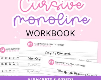 Cursive Monoline Handwriting Practice Sheets, Handwriting Workbook, ABC Letter Tracing, For Middle School Kids and Up + Adults