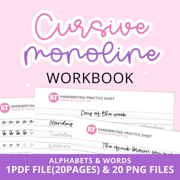 Cursive Monoline Handwriting Practice Sheets, Handwriting Workbook, ABC Letter Tracing, For Middle School Kids and Up + Adults