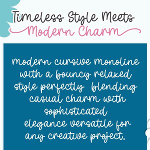 Highlighted description of Daisy Swashes Handwriting Workbook, showcasing modern cursive monoline style with a bouncy, relaxed touch. Perfect for blending casual charm and creative elegance in various projects.