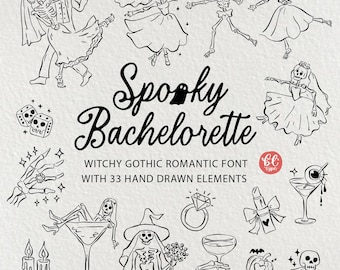 Spöklikt Bachelorette-typsnitt och clipart | Gotisk Halloween-brud (digital nedladdning)