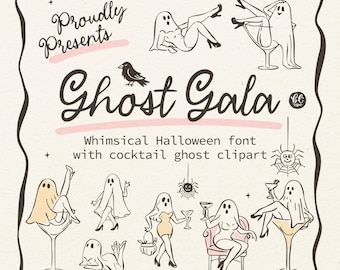 Spökgala – Halloween-spökteckensnitt + 52 clipart | Handritade nyckfulla Martini-spöken (tjejkväll, möhippa) | png, svg, eps, otf/ttf