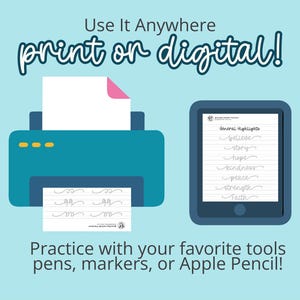 Daisy Swashes Handwriting Practice Workbook showing versatility for print or digital use. Includes printable PDF pages and Procreate-compatible PNG files for practicing cursive lettering with pens, markers, or Apple Pencil on iPad