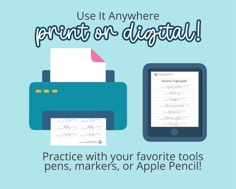 Daisy Swashes Handwriting Practice Workbook showing versatility for print or digital use. Includes printable PDF pages and Procreate-compatible PNG files for practicing cursive lettering with pens, markers, or Apple Pencil on iPad