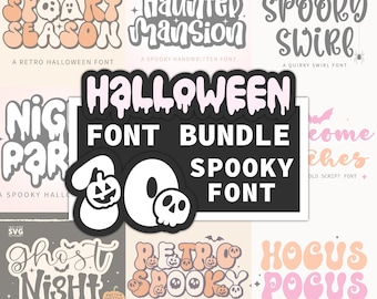 Pacote de Fontes Retrô de Halloween | 10 Fontes Assustadoras | Gotejamento, Fantasma, Espiral, Borbulhante e Gota de Sangue | Fontes Cursivas de Halloween para Artesanato e Convites