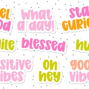 Die-cut sticker pack on polka-dot background featuring Jelly Puff cute chunky handwritten font in pastel pink, orange, and lime. Phrases include ‘feel good,’ ‘what a day!,’ ‘stay curious,’ ‘smile,’ ‘blessed,’ ‘hug,’ ‘oh hey,’ and ‘good vibes.’ All-caps mix-case lettering ideal for planners and laptops.