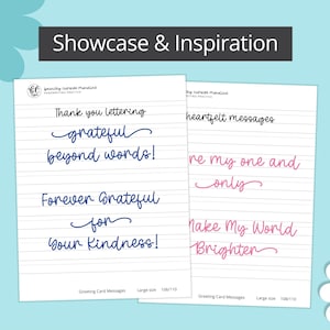 Showcase and inspiration page from Daisy Swashes Handwriting Practice Workbook. Features gratitude messages and heartfelt phrases in cursive with swashes, perfect for learning expressive calligraphy and lettering styles.
