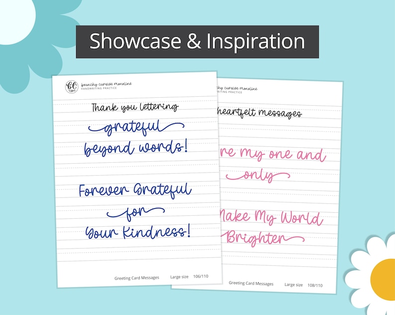Showcase and inspiration page from Daisy Swashes Handwriting Practice Workbook. Features gratitude messages and heartfelt phrases in cursive with swashes, perfect for learning expressive calligraphy and lettering styles.