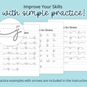Daisy Swashes Handwriting Practice Workbook example pages showing cursive practice with step-by-step arrows. Learn uppercase, lowercase, and swashes with bouncy monoline style for beginners and advanced writers.