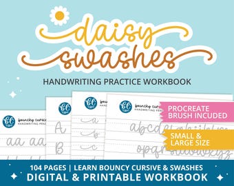 Cursive Handwriting Practice Workbook, Daisy Swashes, Procreate Brush (Digital Download)