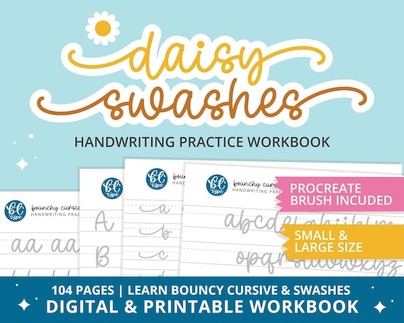Cursive Handwriting Practice Workbook, Daisy Swashes, Procreate Brush (Digital Download)