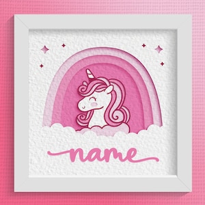 Caixa de sombra de unicórnio 3D, placa de nome de bebê SVG, placa de berçário de arco-íris, decoração de quarto de criança, placa de nome personalizada para recém-nascido, arte de parede feita à mão cortada a laser