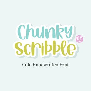 May include: A graphic featuring the words "Chunky Scribble" in a playful, handwritten font. The word "Chunky" is in light blue, and "Scribble" is in yellow-green, both with a white outline. Below, it reads "Cute Handwritten Font."