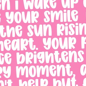 Close-up paragraph in Jelly Puff — a cute chunky handwritten display with rounded, bouncy letters. White text on pink background highlights the all-caps mix-case rhythm ideal for bold quotes and stickers.