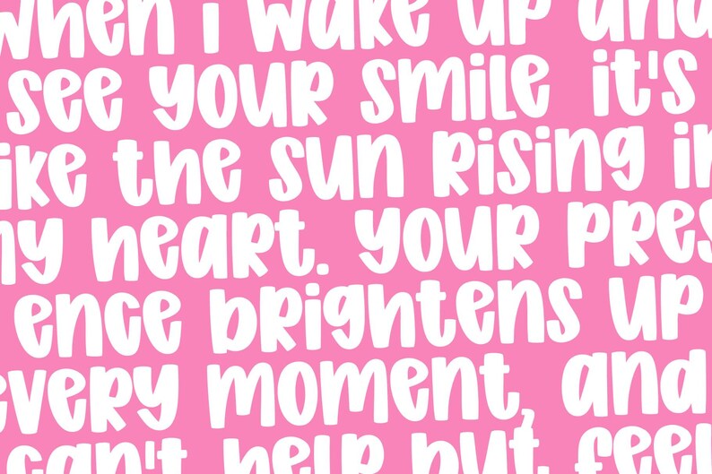 Close-up paragraph in Jelly Puff — a cute chunky handwritten display with rounded, bouncy letters. White text on pink background highlights the all-caps mix-case rhythm ideal for bold quotes and stickers.