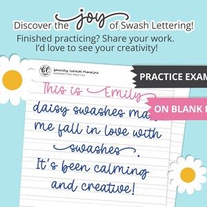 Practice example from Daisy Swashes Handwriting Workbook showing cursive handwriting with swashes. Emily shares her love for relaxed, creative cursive practice using the workbook’s blank pages.