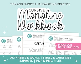 Cursive Monoline Handwriting Workbook, Procreate Brush (PDF & PNG)