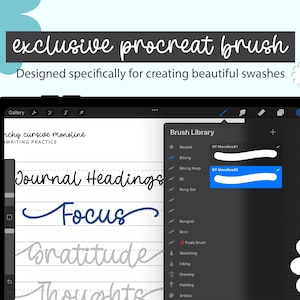Exclusive Procreate Brush included with Daisy Swashes Handwriting Practice Workbook. Designed for creating elegant swashes and practicing modern cursive lettering digitally on iPad with Apple Pencil