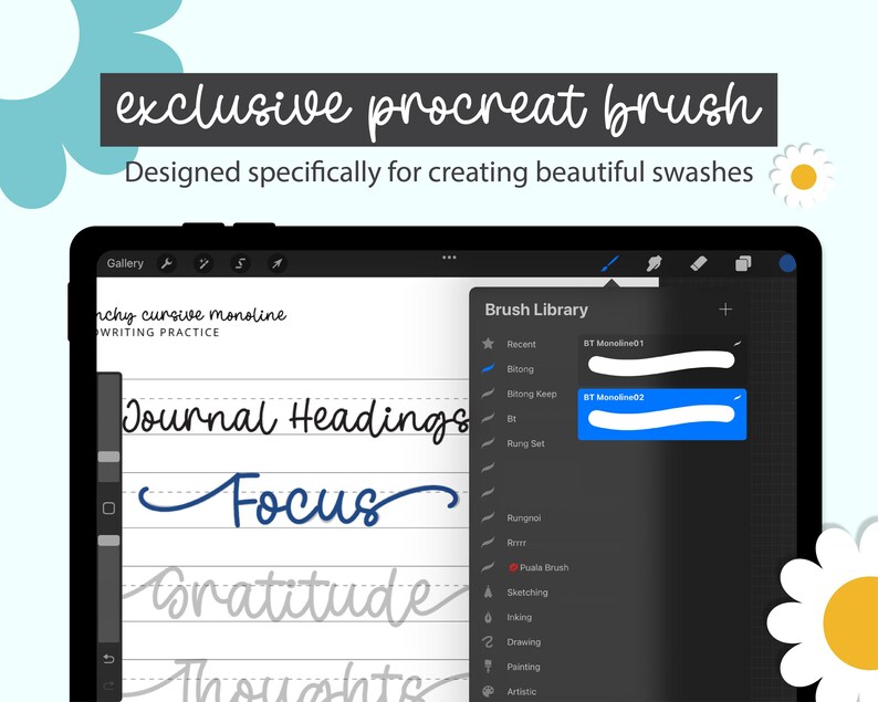 Exclusive Procreate Brush included with Daisy Swashes Handwriting Practice Workbook. Designed for creating elegant swashes and practicing modern cursive lettering digitally on iPad with Apple Pencil