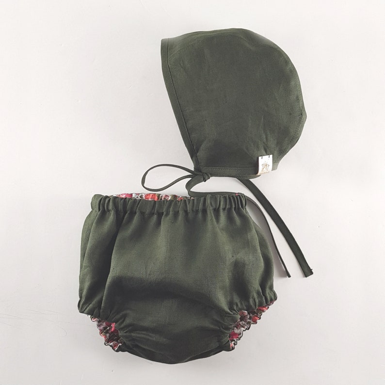Baby Bonnet CosmosMilitary Green Reversible Linen /& Liberty Bonnet