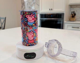 12 Oz  Sippy Cup Tumbler With Handle, Straight tumbler Stainless Steel Todder Water Bottle. Come with 2 types of lids and a straw. Peppa Pig