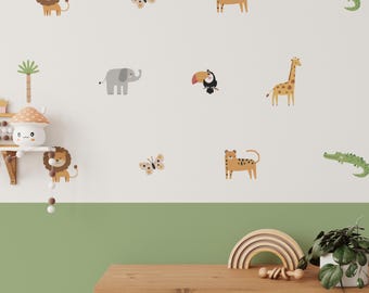 Vinilos decorativos de animales de la selva para pared / 24 piezas de tela autoadhesiva para decoración de guardería con temática de safari / Pegatinas para habitaciones infantiles / Removibles, ideales para alquiler