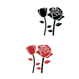 May include: Two black silhouette roses with stems and leaves. Below, two red roses with stems and leaves.