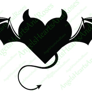 Puede incluir: Silueta negra de un corazón con cuernos de diablo y alas. El corazón tiene una cola con una punta.