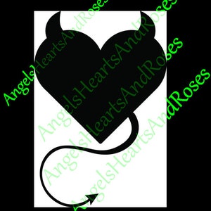 May include: Black silhouette of a heart with devil horns and a tail. The heart is outlined in black and the tail is curled at the end.