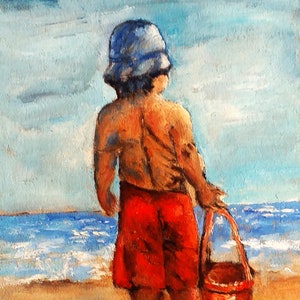 Boy on Beach Painting: Original Seascape Oil Painting (5x6 in)
