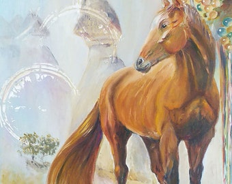 Horse Painting Animal Original Art Wild Horse Oil Painting Cappadokia National Pakr Artwork 24 by 20 İnches Canvas By Olga Vedyagina