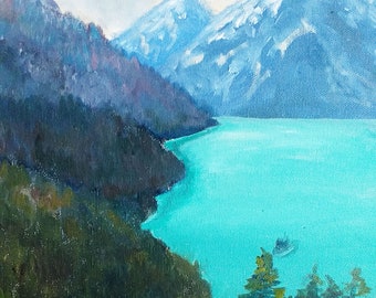 ルイーズ レイク 絵画 山 湖の風景 オリジナルアート カナダ 山