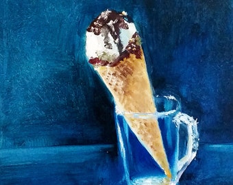 Ice Cream Cone Painting Food Original Art Still Life Artwork 8 by 8 Inches Painting on Canvas by Olga Vedyagina