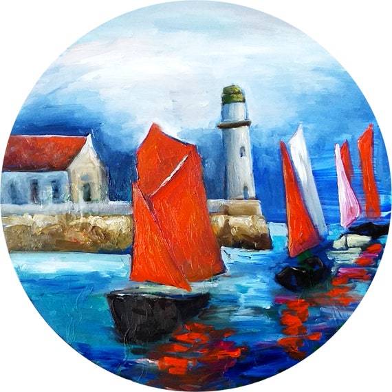 Peinture à L'huile Marine Signée P.H. - Paysage De Mer Avec Bateaux - Pièce Ancienne