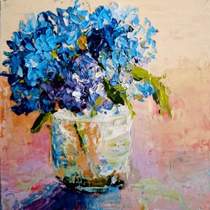Blue Hydrangeas Impasto Oil Painting: Floral Miniature Art (6x6 Inches)