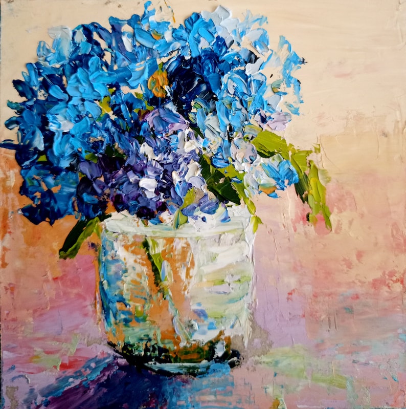 Blue Hydrangeas Oil Painting: Impasto Original Floral Art (6x6 Inches ...