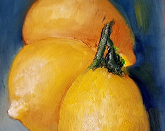 Zitronengemälde Obst Original Kunst 3,5 x 6 Zoll Original Ölgemälde