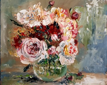 Peony Oil Painting: Floral Impasto Art, 6x6 Inches
