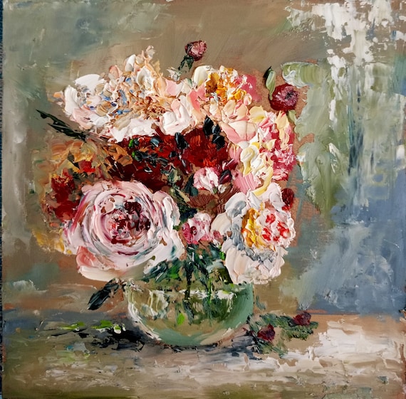 牡丹の油絵：花のインパストオリジナルアート、6x6インチ、OlgaartTR作 