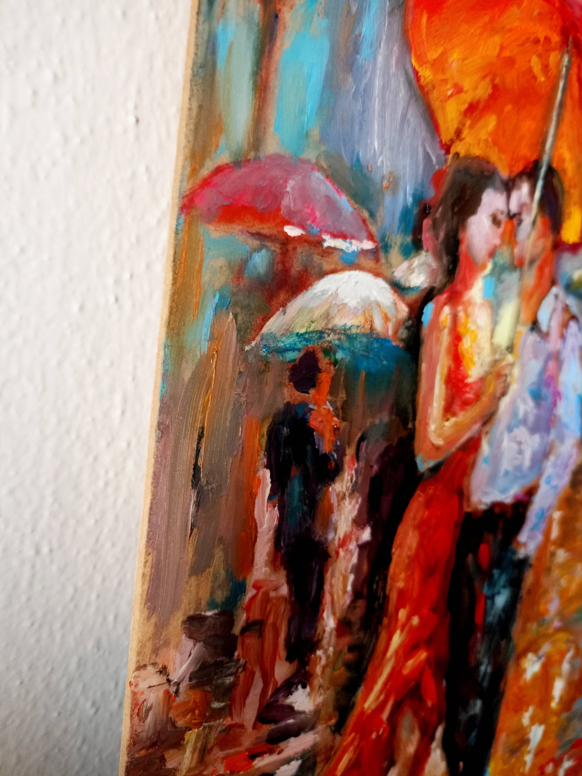 Romantic Lovers Oil Painting: Impasto Cityscape Art, 20x10