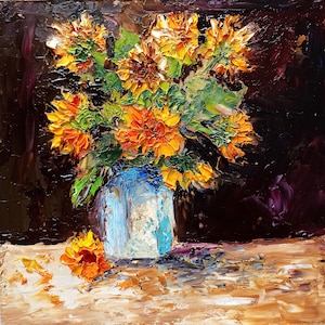 Sonnenblumen Impasto Ölgemälde: Blumenstillleben (20x20cm)
