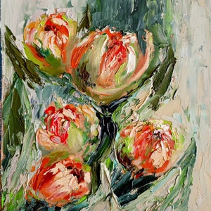 Impasto Peony Buds Oil Painting Floral Original Art 6x6 Inches Flower